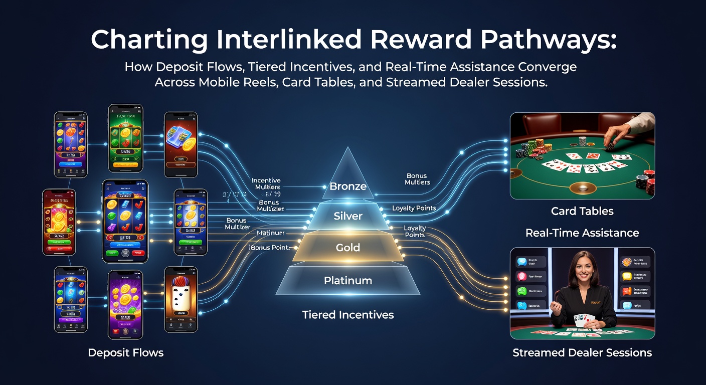 Illustration showing interconnected reward systems across mobile slots, table games, and live dealer streams with deposit pathways highlighted
