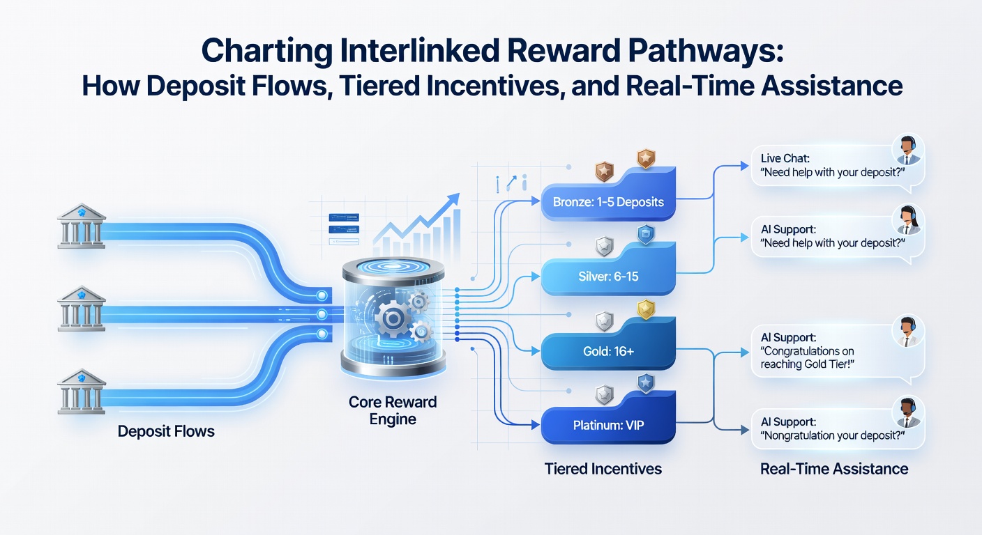 Diagram depicting real-time support overlays on reward tracking interfaces for slots, card games, and live dealer environments