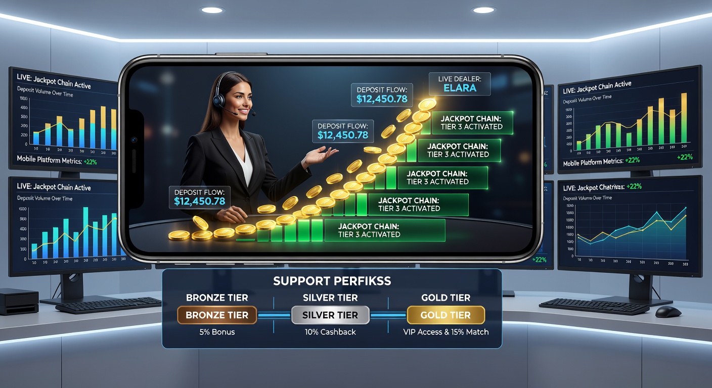 Support dashboard displaying tier progression alongside active live dealer jackpot meters on a tablet device