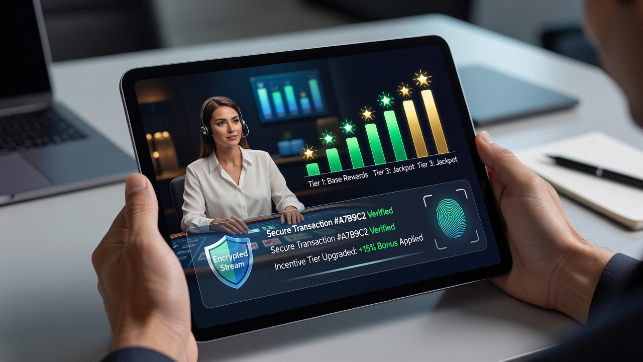 Mobile gaming interface showing secure transaction flows and tiered rewards on a handheld device with streamed dealer elements