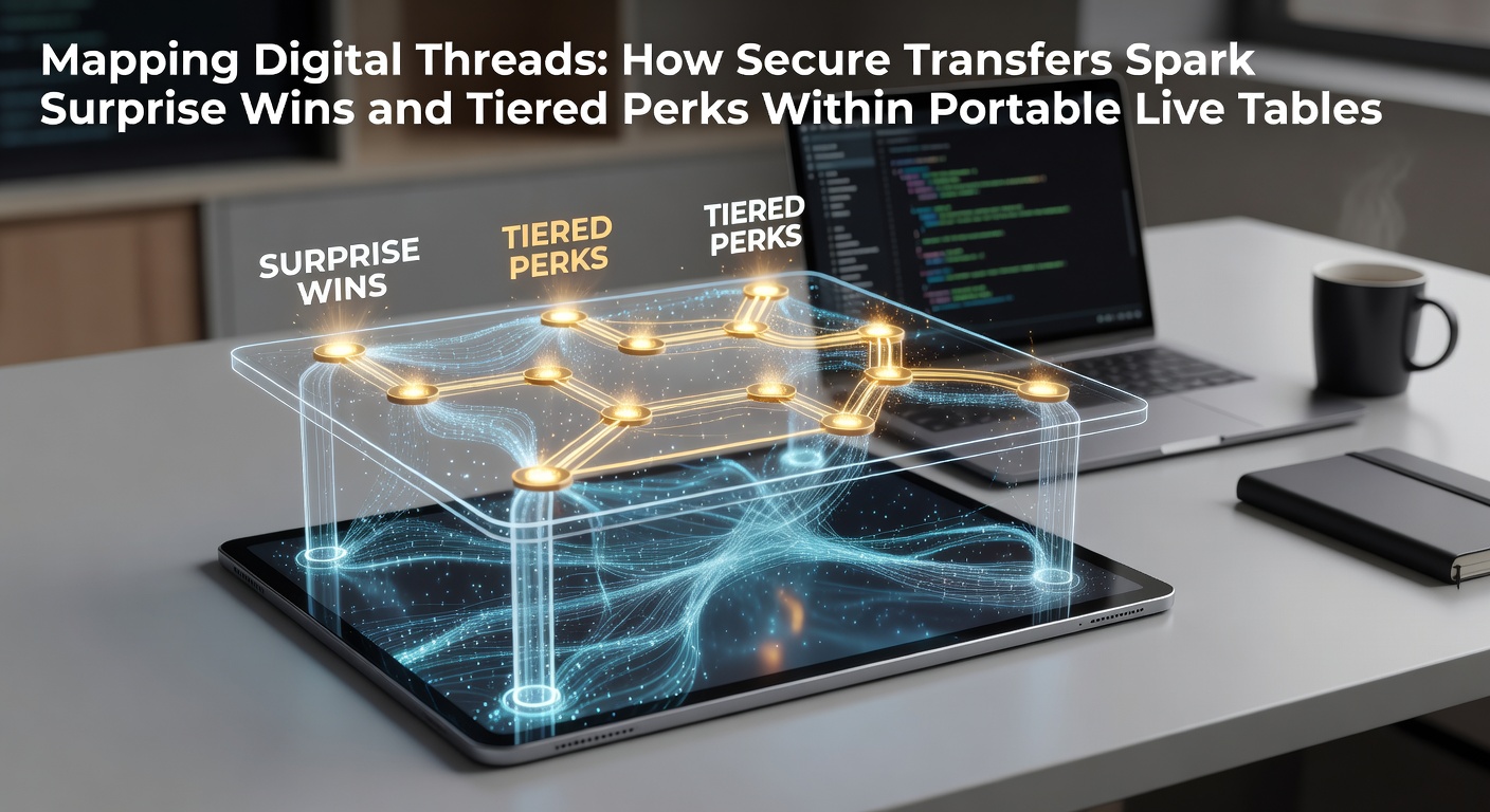 Illustration showing digital threads mapping secure transfers to wins and perks in portable live dealer tables