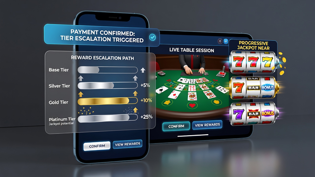 Mobile device displaying live table game interface with payment confirmation notification and tier progression indicators