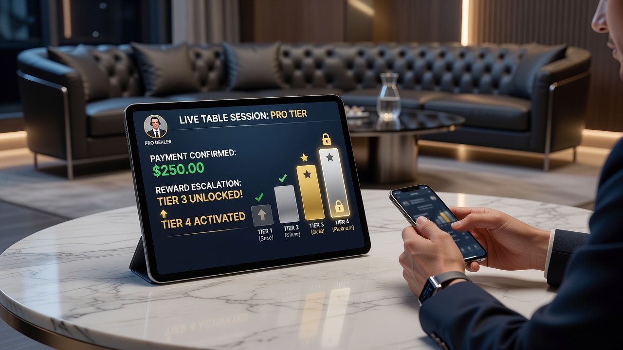 Screenshot of progressive slot sequence on mobile with reward tier escalation pop-up after payment
