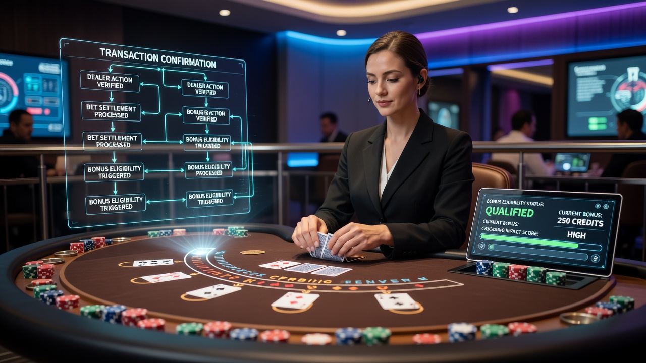 Mobile live table gaming interface showing transaction processing and bonus indicators on a portable device